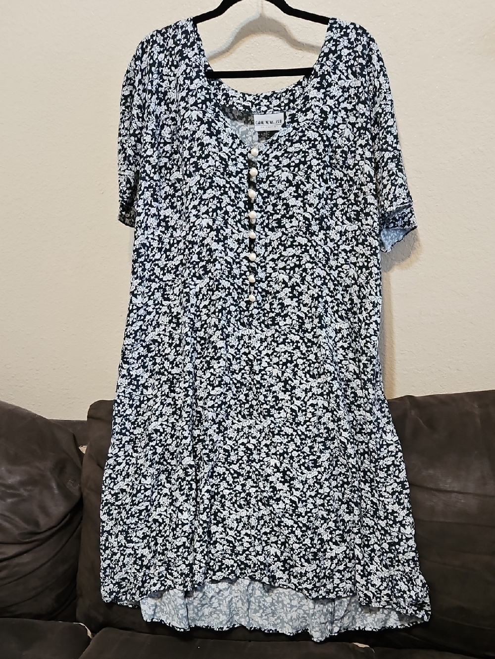 Navy and White Floral Midi Dress with Front Buttons